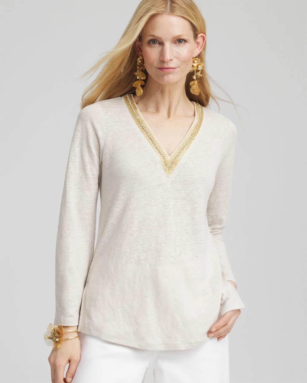 Linen Embellished V-Neck Tunic