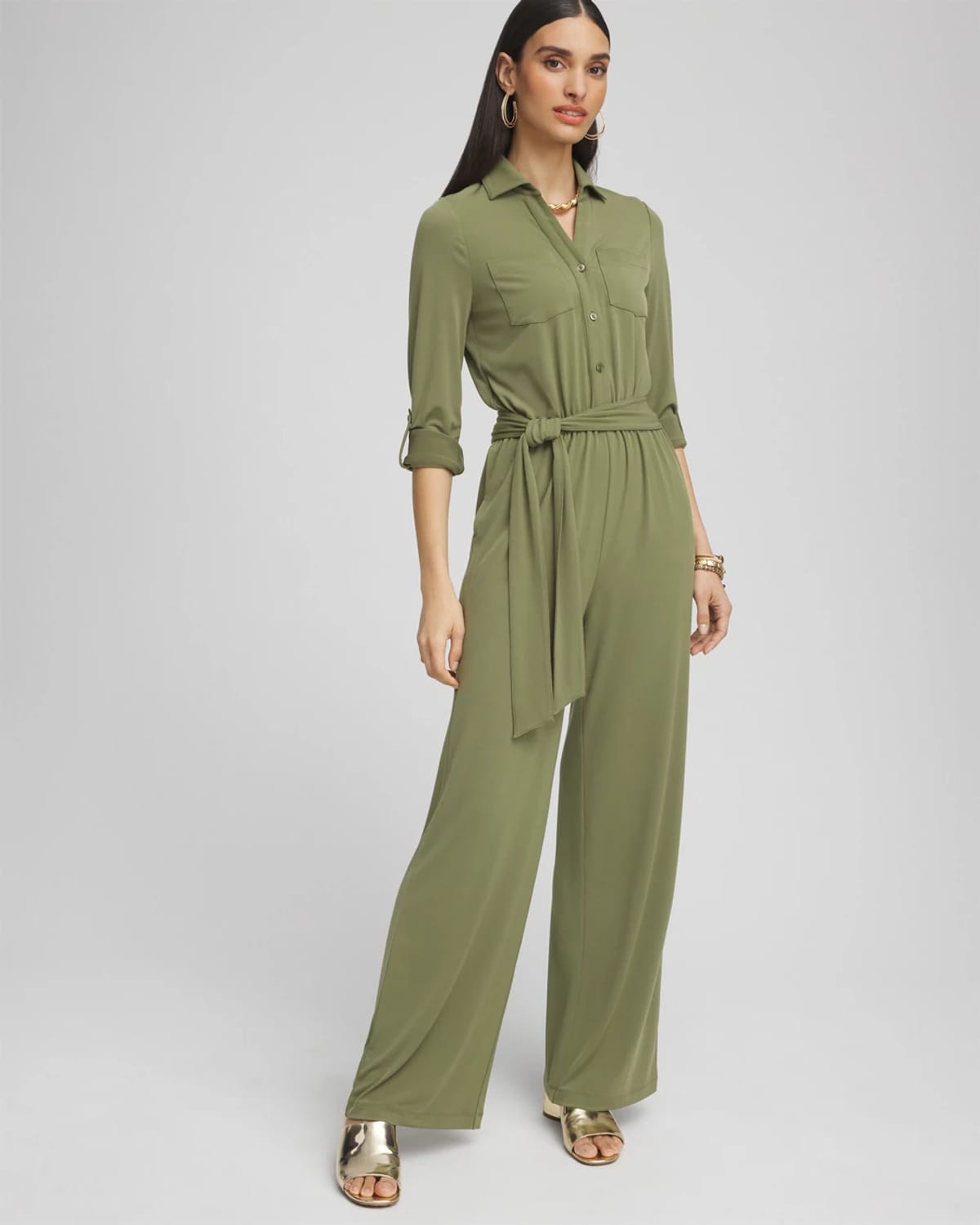 Chico's Belted Jersey Maxi Jumpsuit In Green