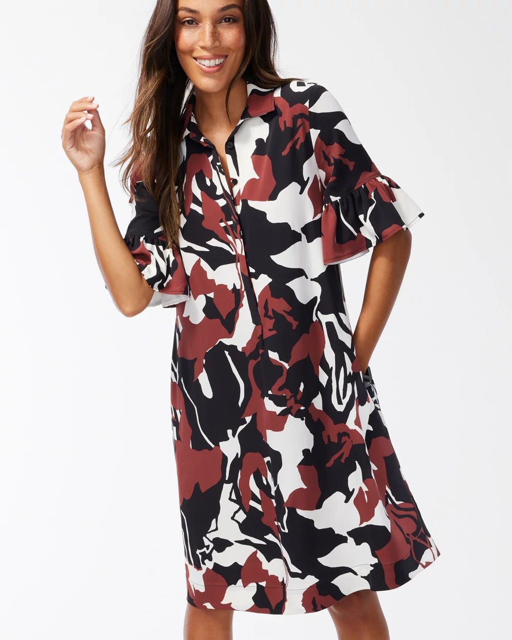 Twill Flounce Sleeve Shirt Dress