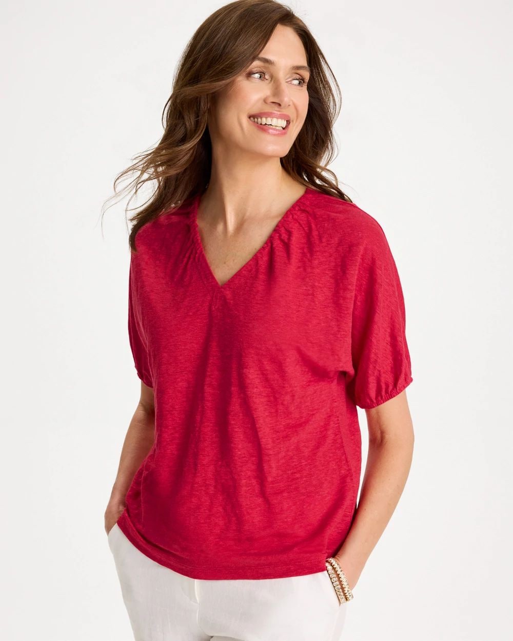 Linen Ruched V-Neck Tee