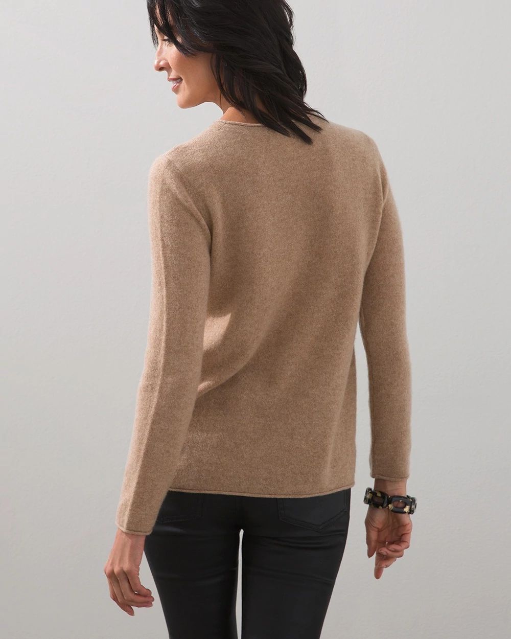 Roll-Trim Cashmere Crew Pullover