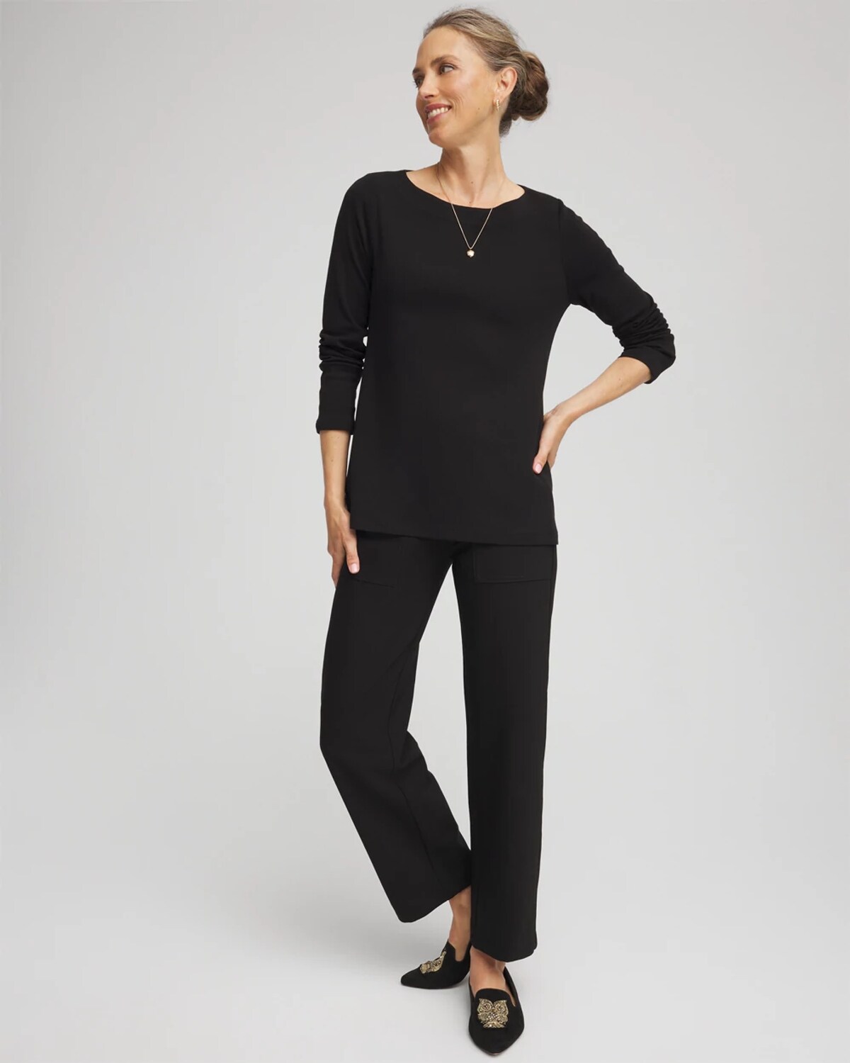 Chico's Stretch Cotton Boatneck Tunic In Black In Black