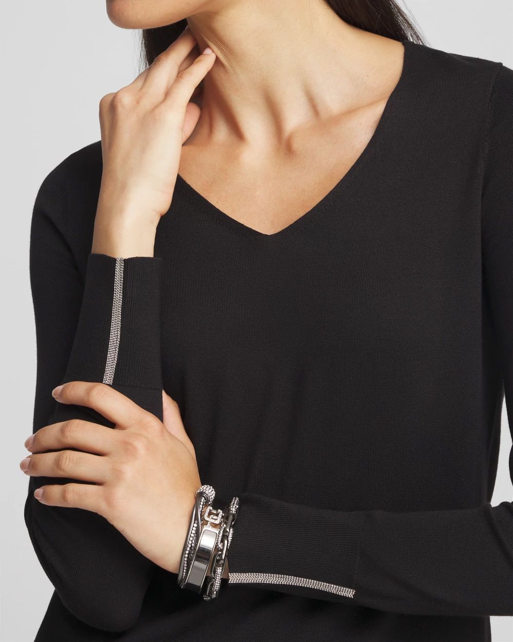 Caviar Trim V-Neck Pullover Sweater
