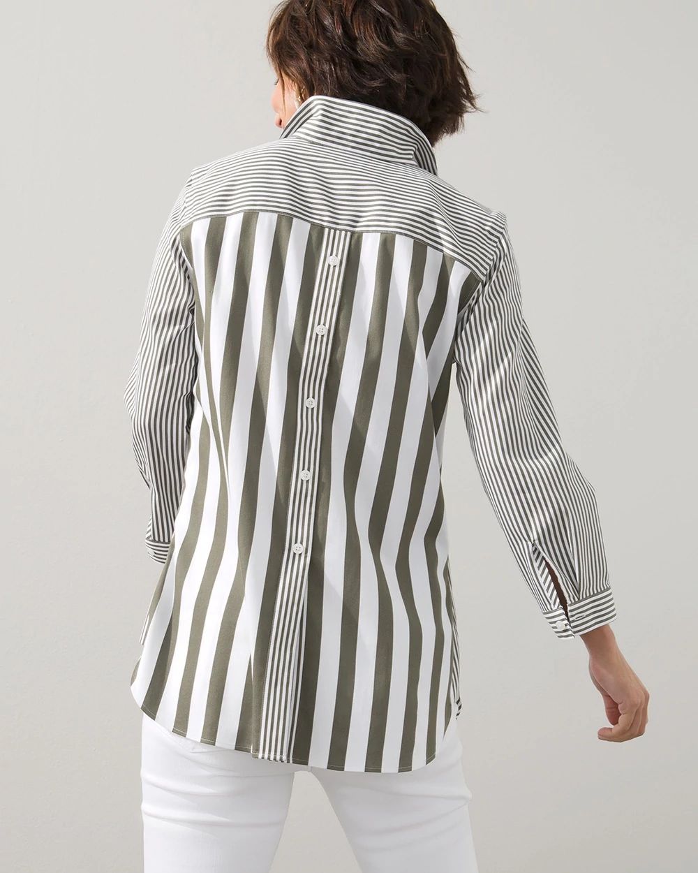 No-Iron Stretch Striped Button-Back Tunic