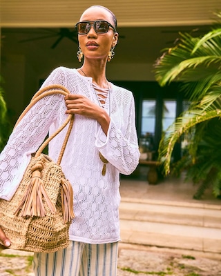 Cotton-Linen Lace Notch-Neck Sweater