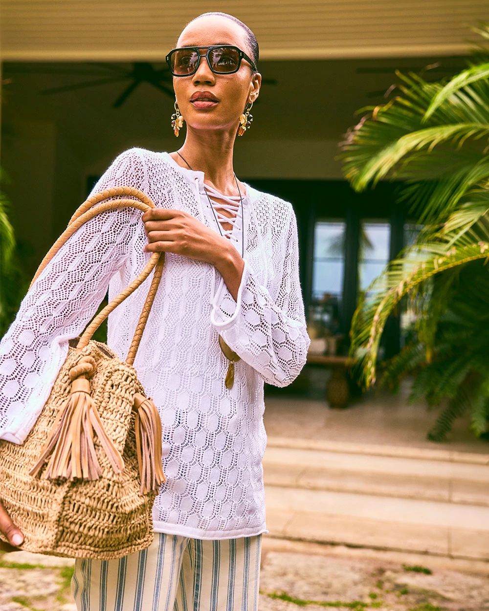 Cotton-Linen Lace Notch-Neck Sweater