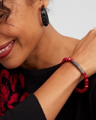 Red Beaded Pavé Disc Stretch Bracelet