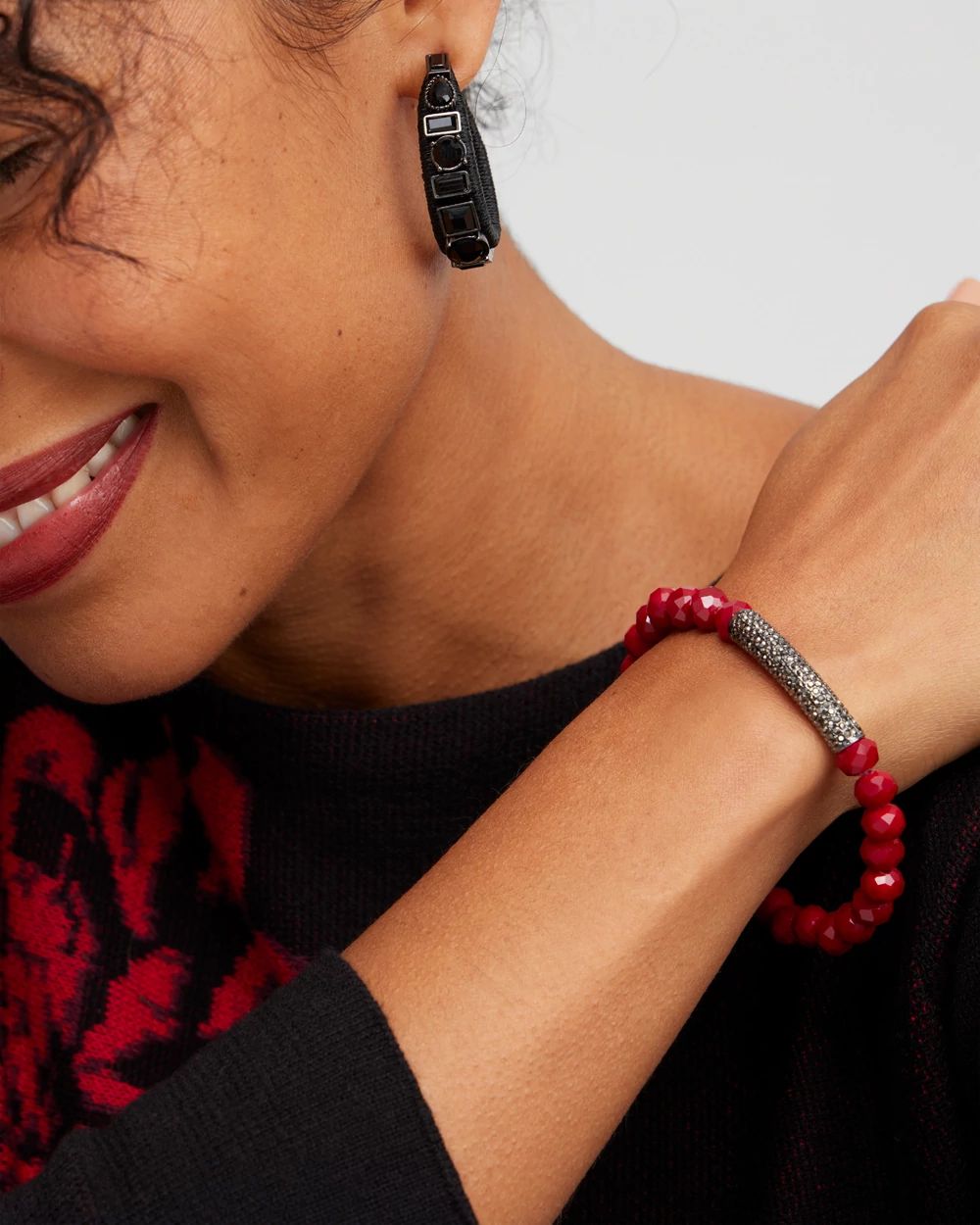 Red Beaded Pavé Disc Stretch Bracelet
