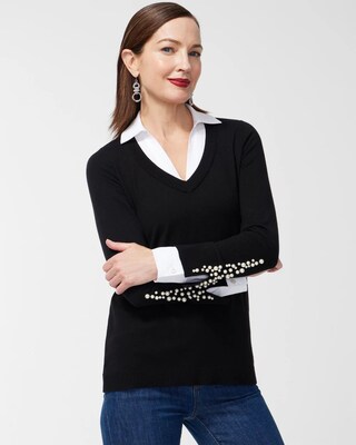 Faux Pearl Collared Pullover Sweater