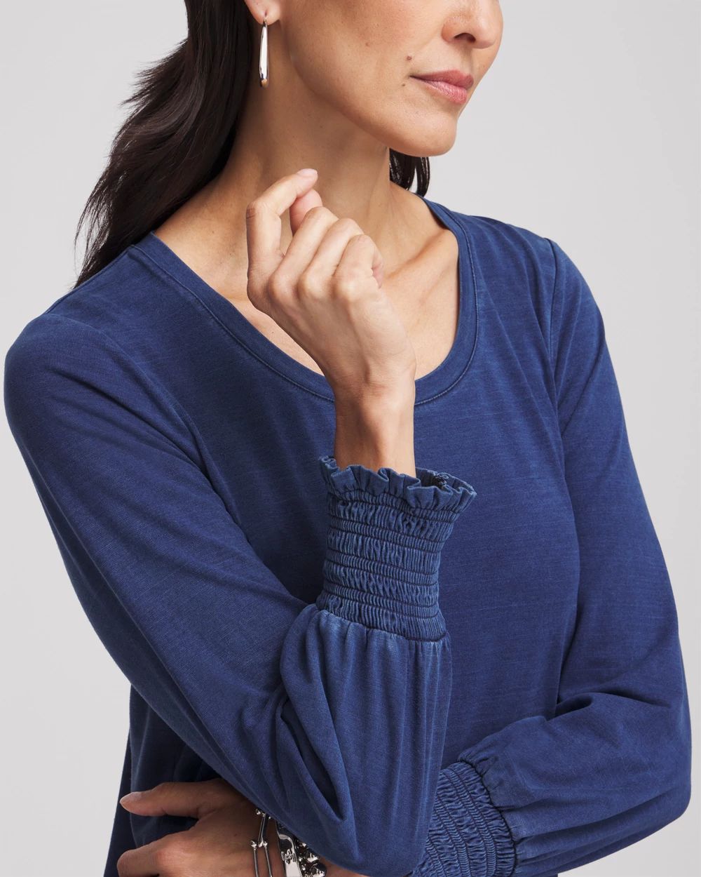 Faux Denim Smocked Sleeve Tee click to view larger image.