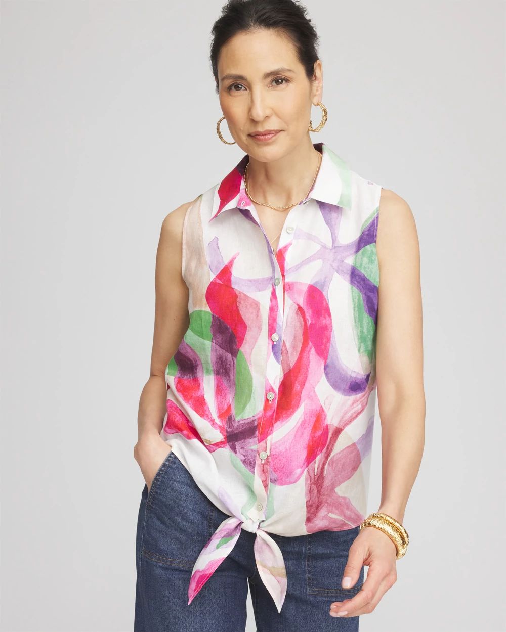 No Iron™ Bloom Linen Tie-Front Shirt