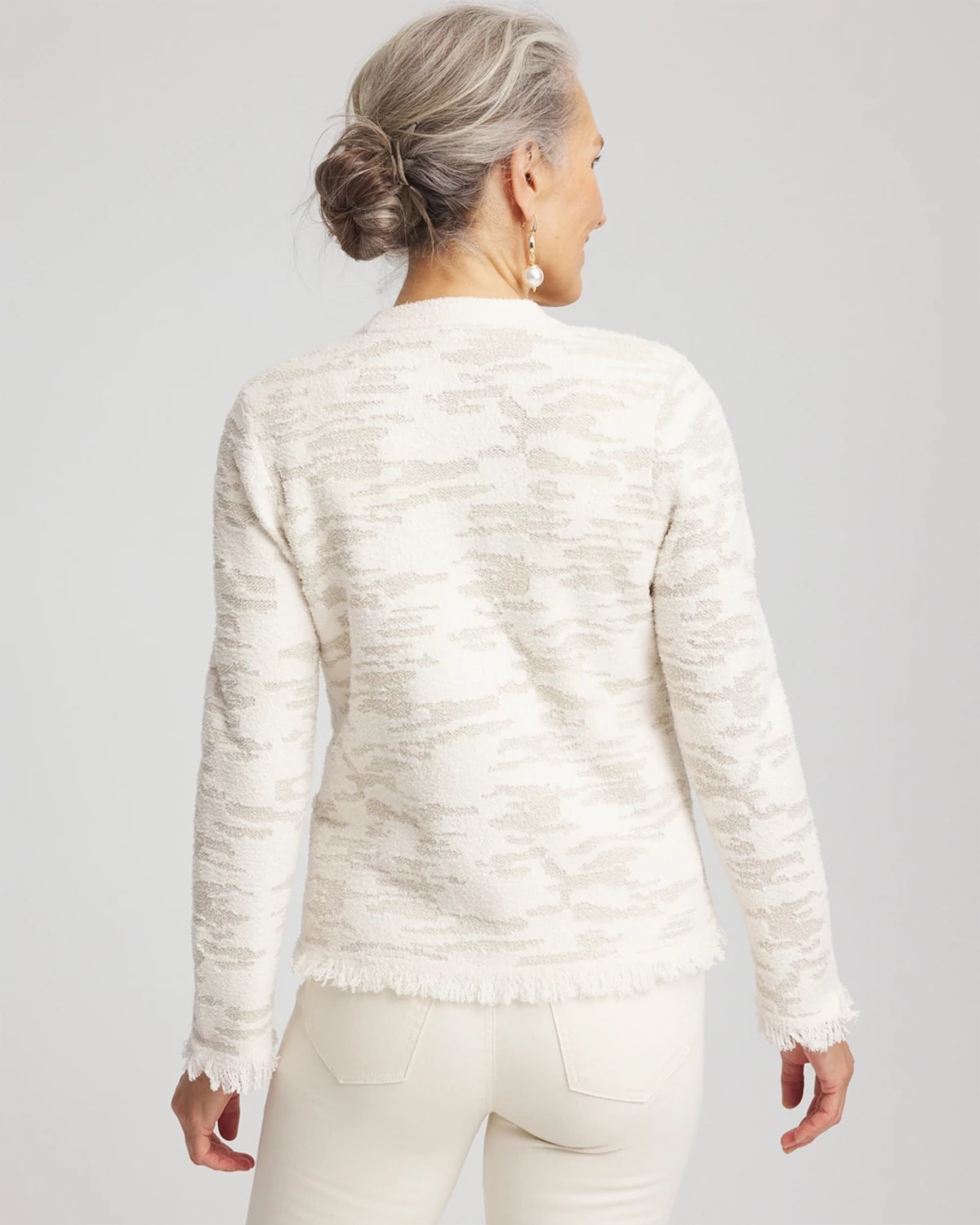 Chico's Fringe Textured V-neck Cardigan Sweater In Cream In White