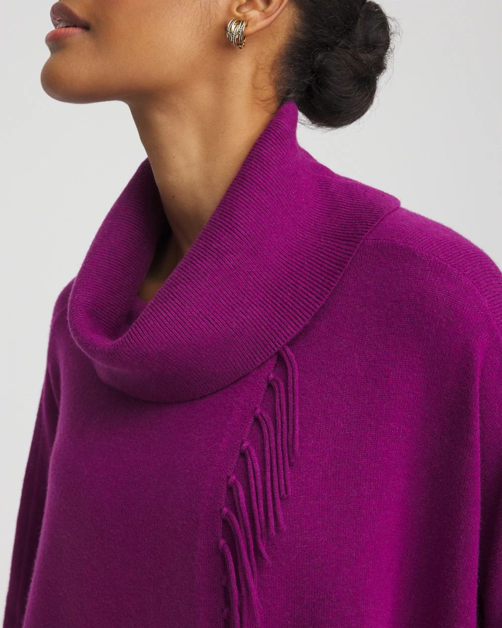 Cowl Neck Fringe Cashmere Blend Poncho click to view larger image.