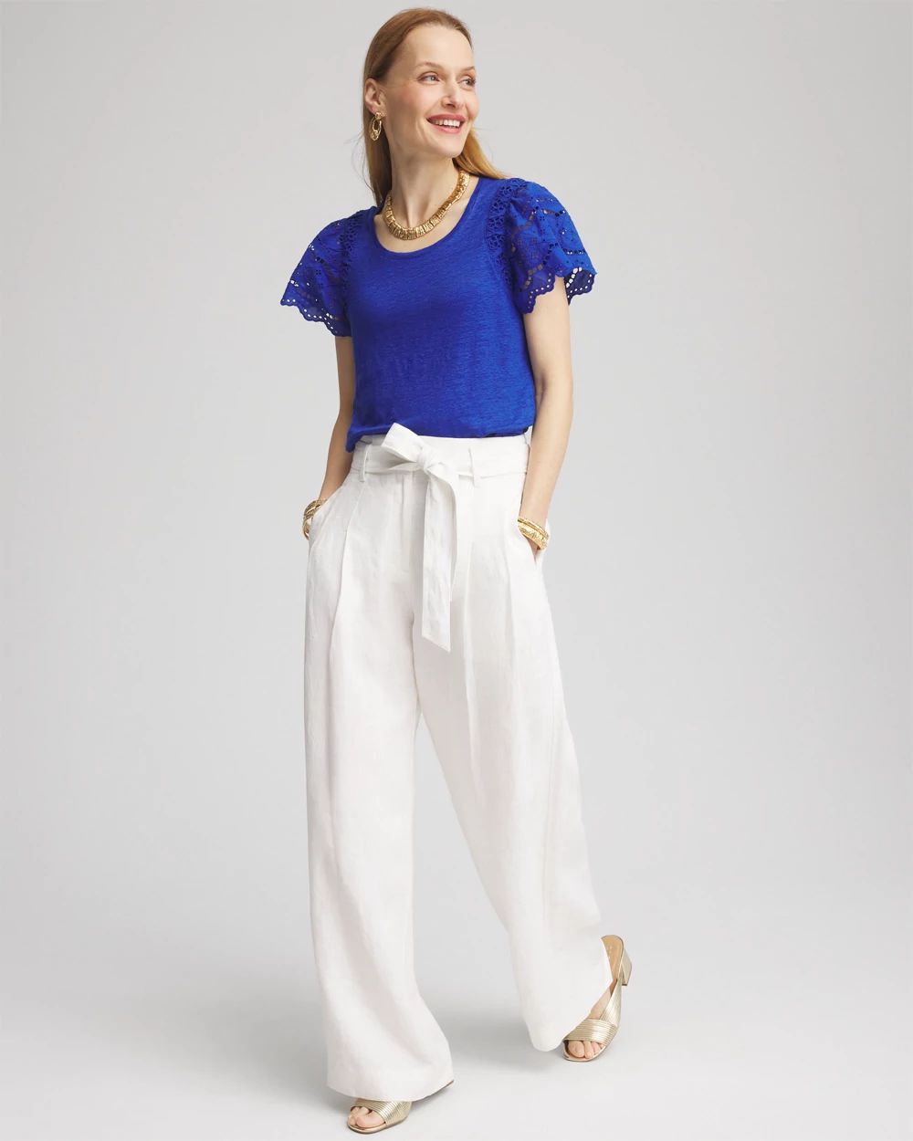Linen Embroidered Flutter-Sleeved Tee