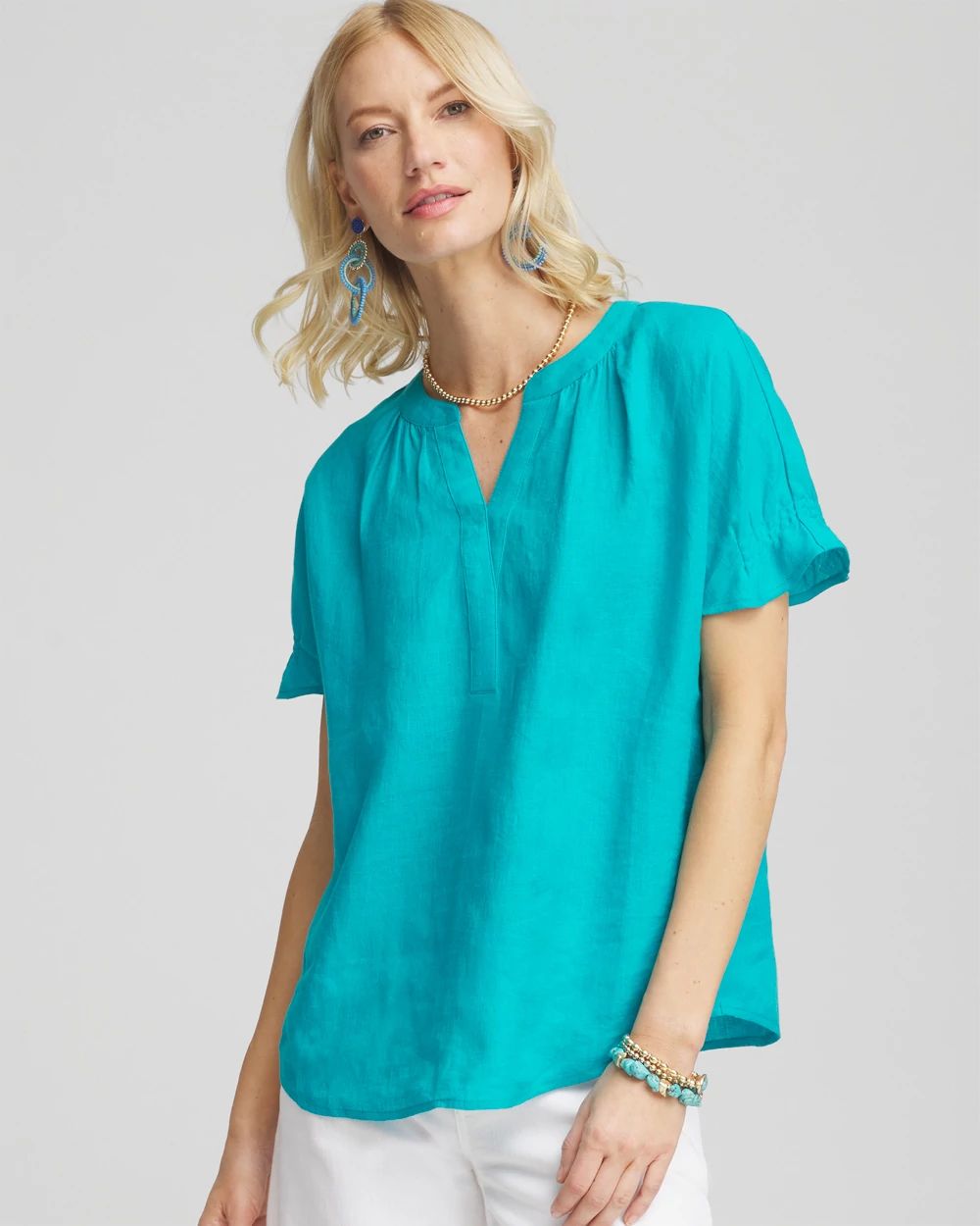 Linen Flutter-Sleeve Popover Top