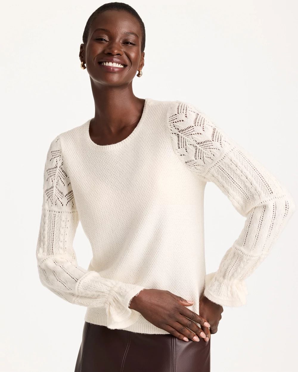 Pointelle Crochet-Lace Sleeve Pullover