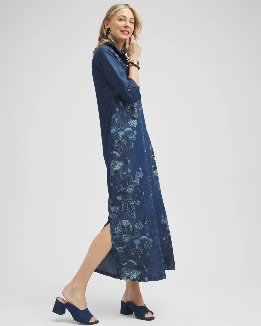 Chambray Roll Tab Floral Maxi Dress