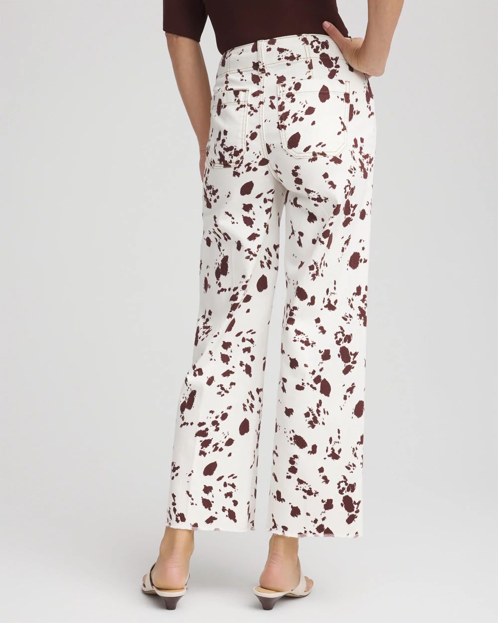 Cow-Print Pull-On Wide Cropped Jeans