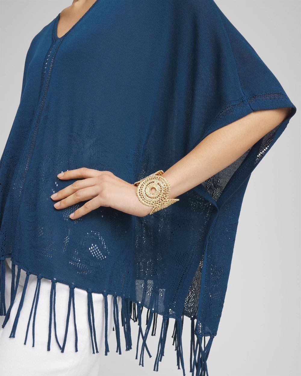 V-Neck Cutwork Placket Poncho