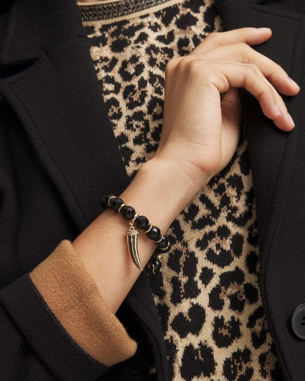 Black Stretch Beaded Charm Bracelet