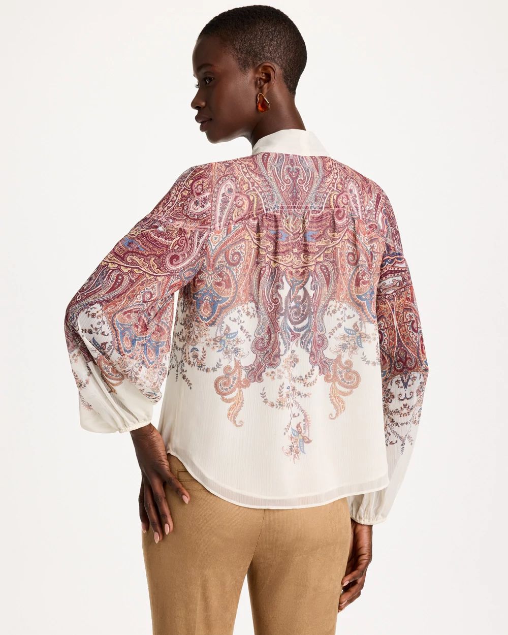 Paisley Chiffon Tie-Neck Pullover click to view larger image.