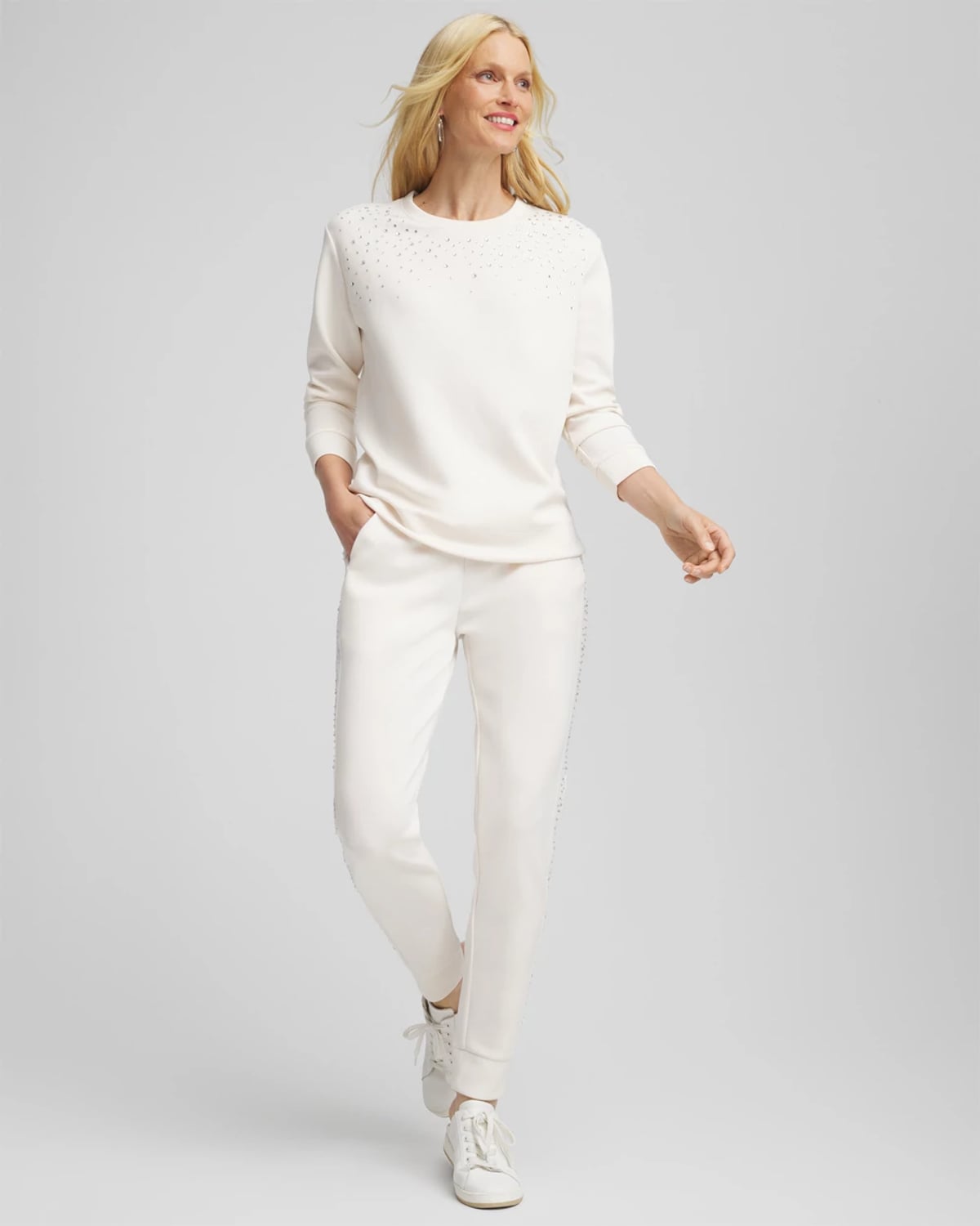 Chico's Scuba Rhinestone Joggers In Cream In White