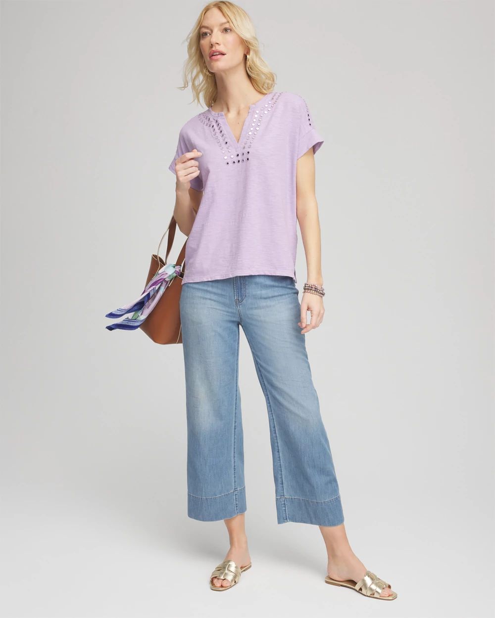 Paillette Trim Cotton Slub Tee