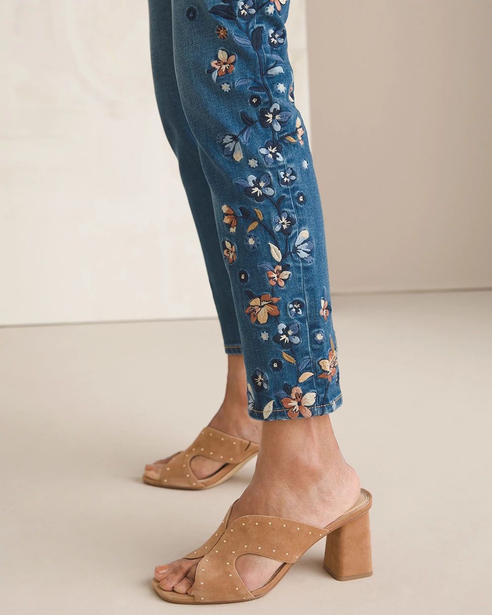 Embroidered Denim Pull-On Ankle Jeggings