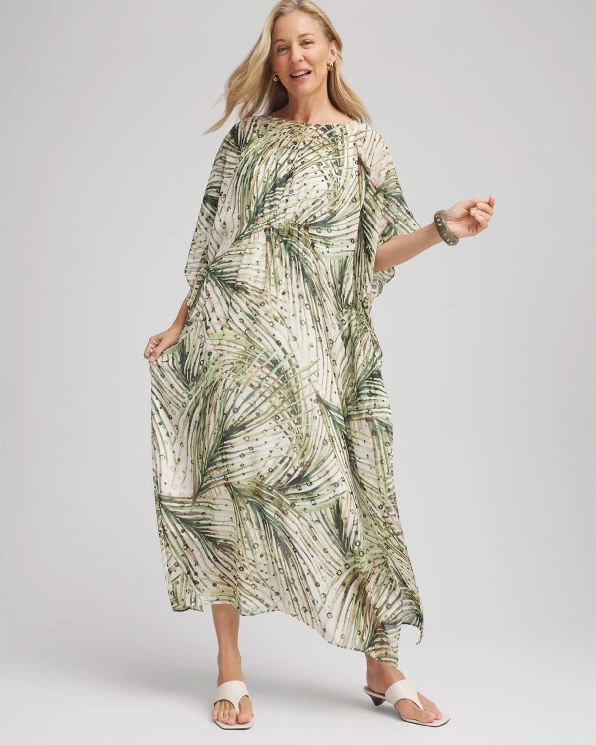 Chico's Petite Crinkle-chiffon Kaftan Dress In White In Sand