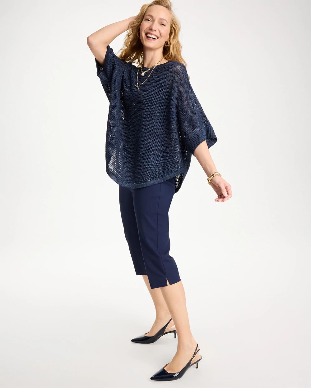 Sequin Boatneck Rounded Hem Poncho click to view larger image.