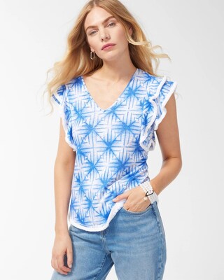 Linen Geometric Print Flutter Sleeve Top