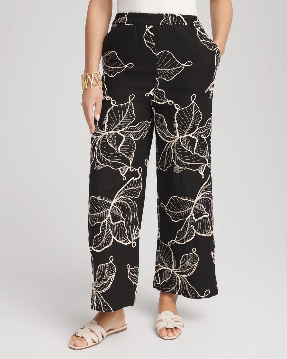 Petite Embroidered Wide-Leg Cropped Pants