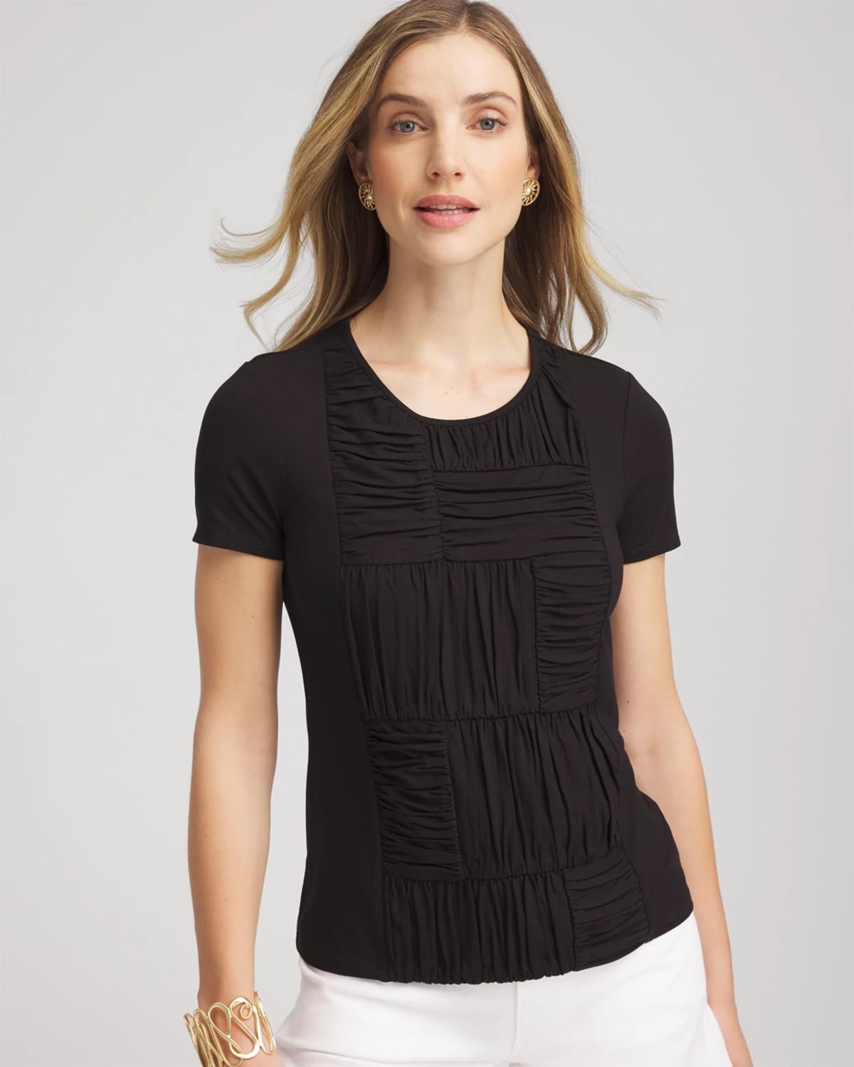 Chico's Jersey Knit Ruched Front Tee In Black In Black
