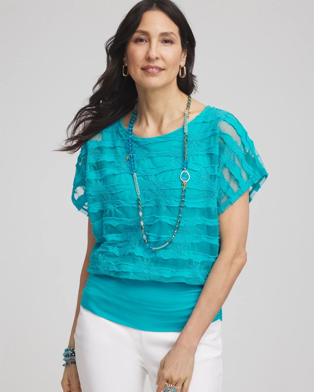 Embroidered Striped Banded Bottom Top