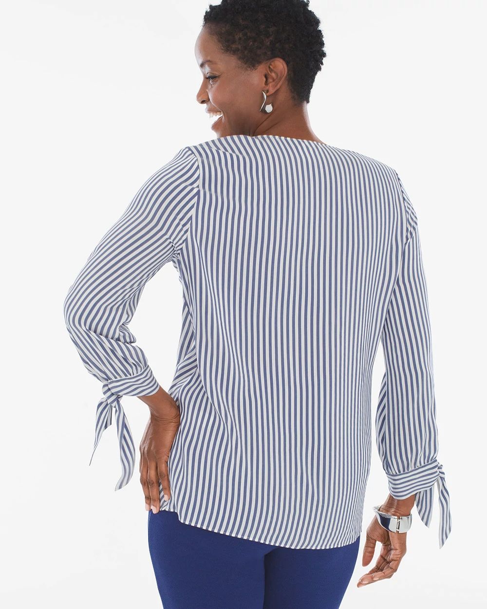 Striped Ruffle-Front Tie-Sleeve Top