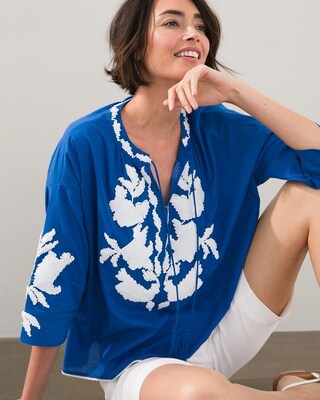 Embroidered Tie Neck Peasant Top