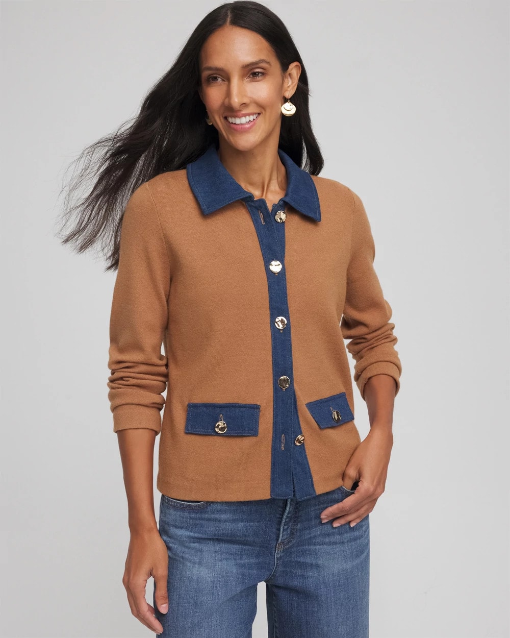 Collared Denim Trim Cardigan