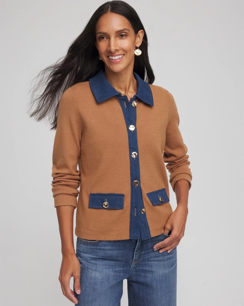 Collared Denim Trim Cardigan, photo 1 of 6