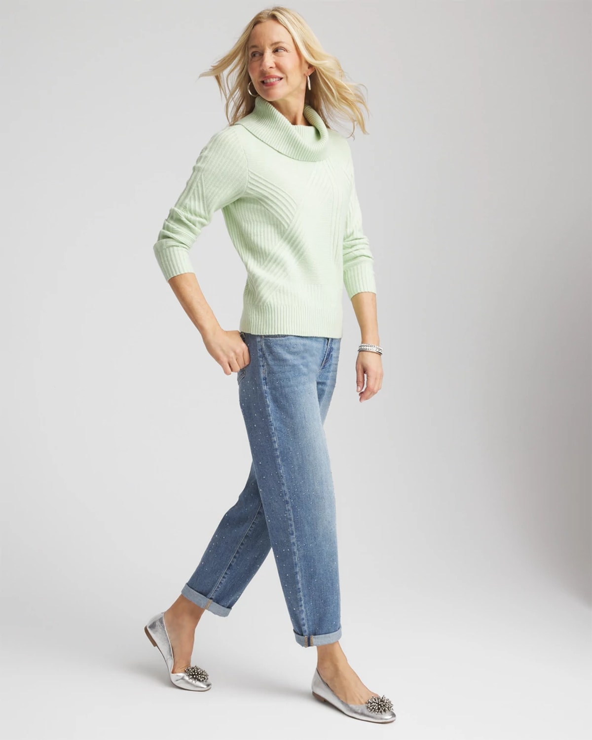 Chico's Ribbed Cowlneck Sweater In Frosted Mint In Green