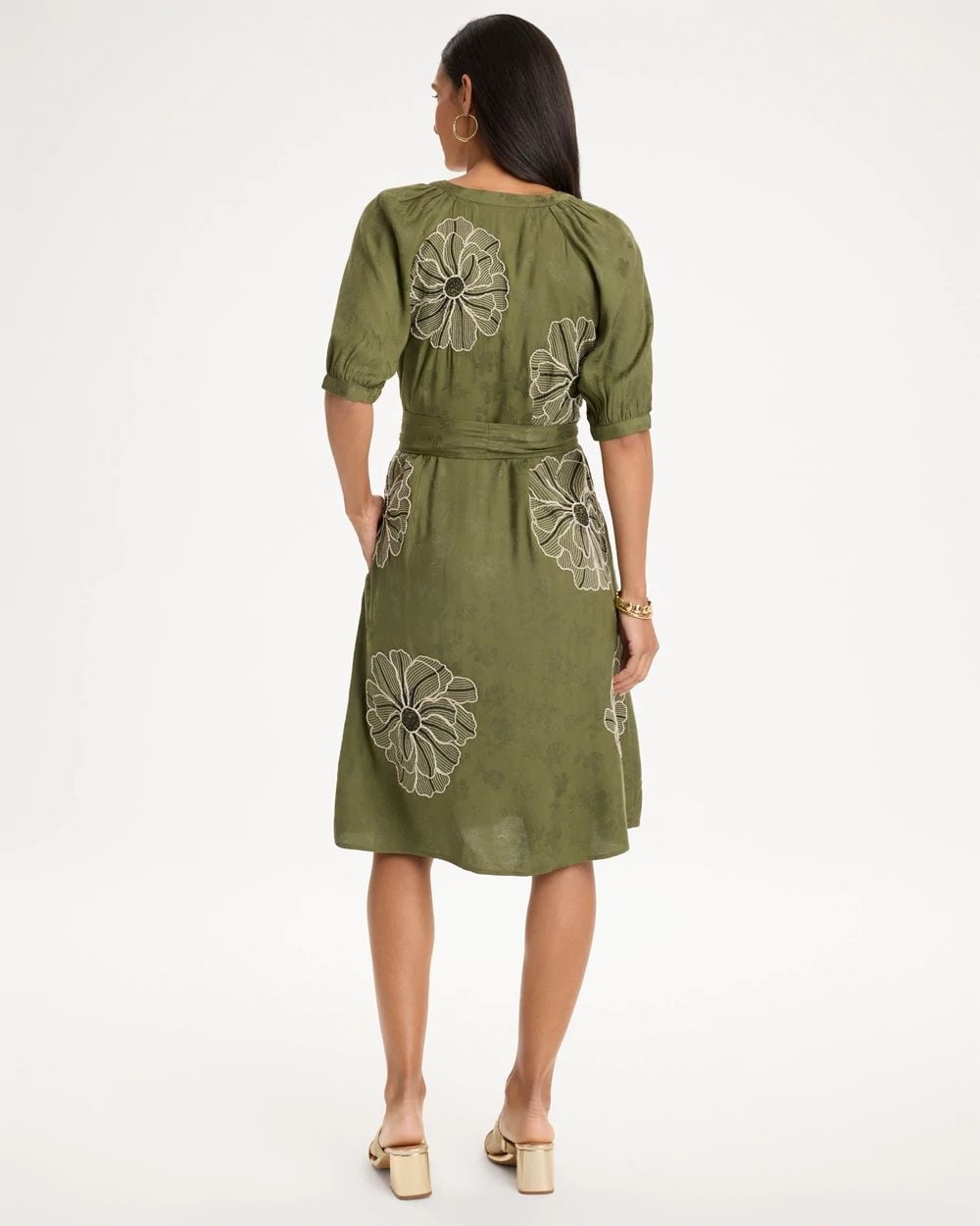Embroidered Jacquard Belted Dress click to view larger image.