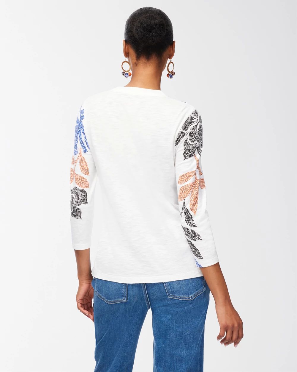 Leaf Print 3/4 Sleeve Slub Tee