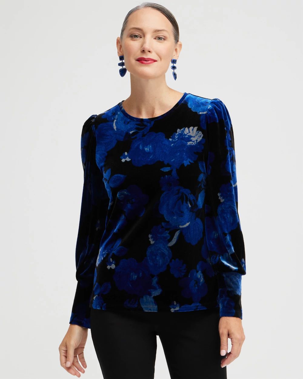 Velvet Floral Ruched Sleeve Top
