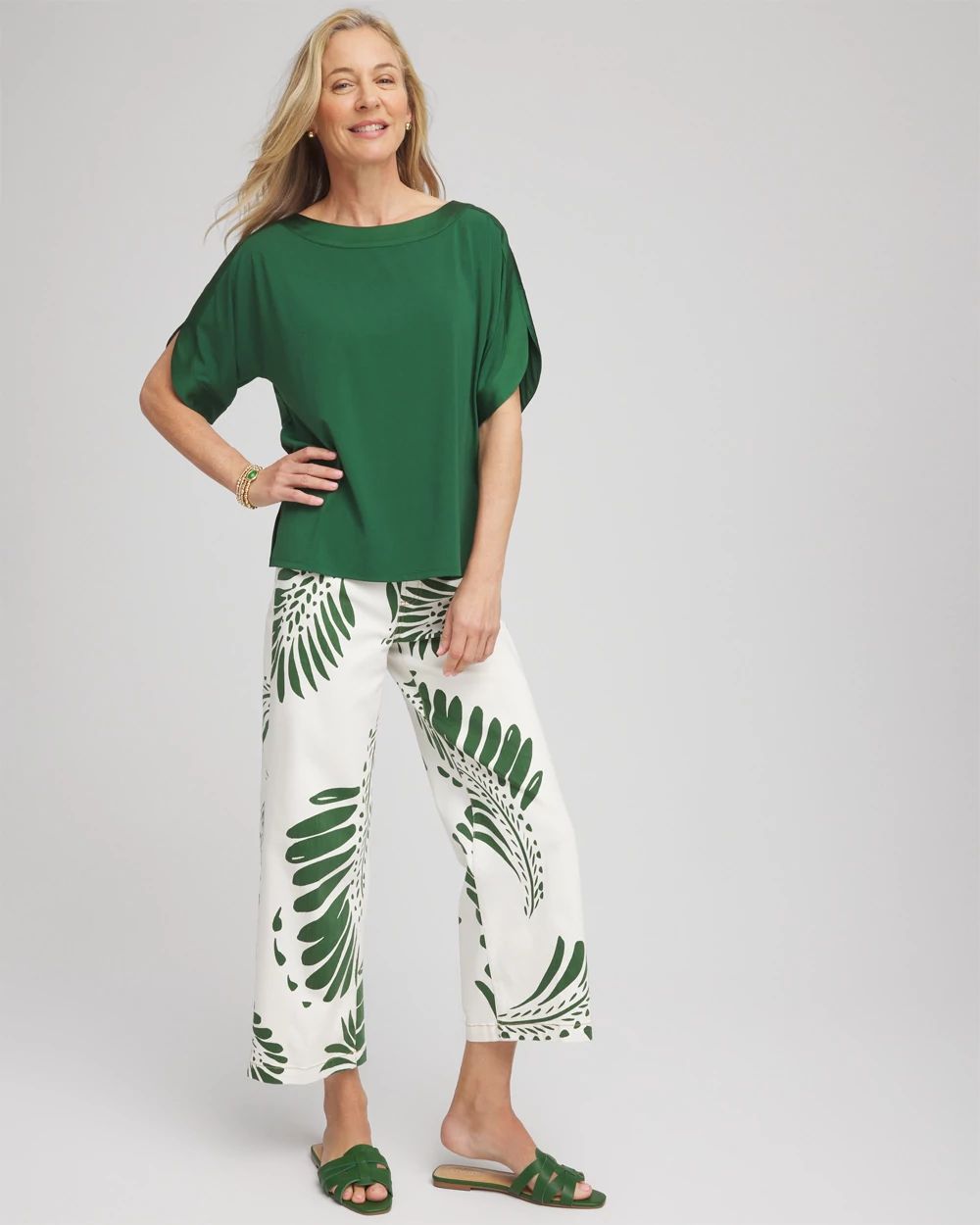 Palm-Frond-Motif Pull-On Wide-Leg Cropped Jeans