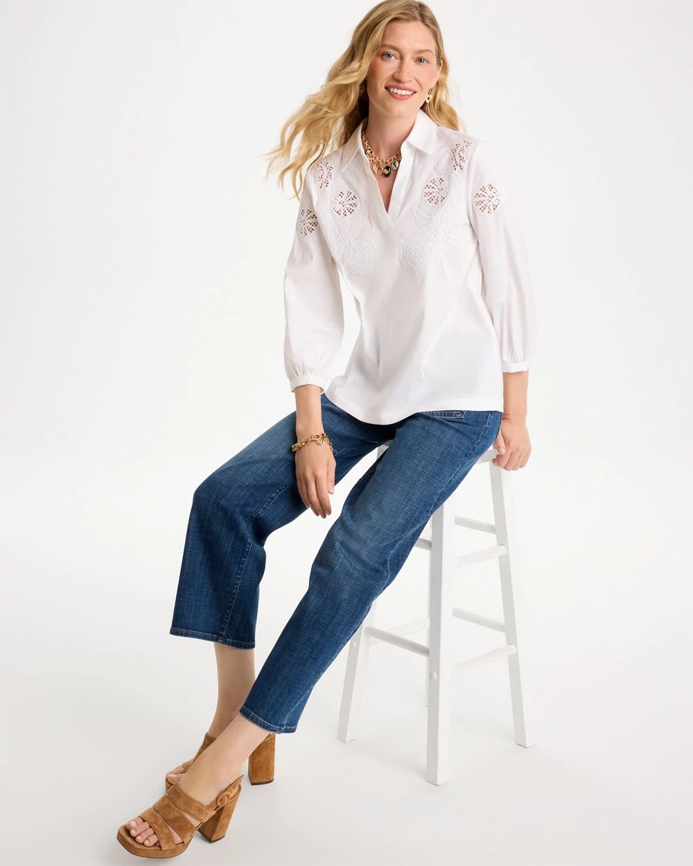 Embroidered Popover Poplin Cotton Shirt click to view larger image.