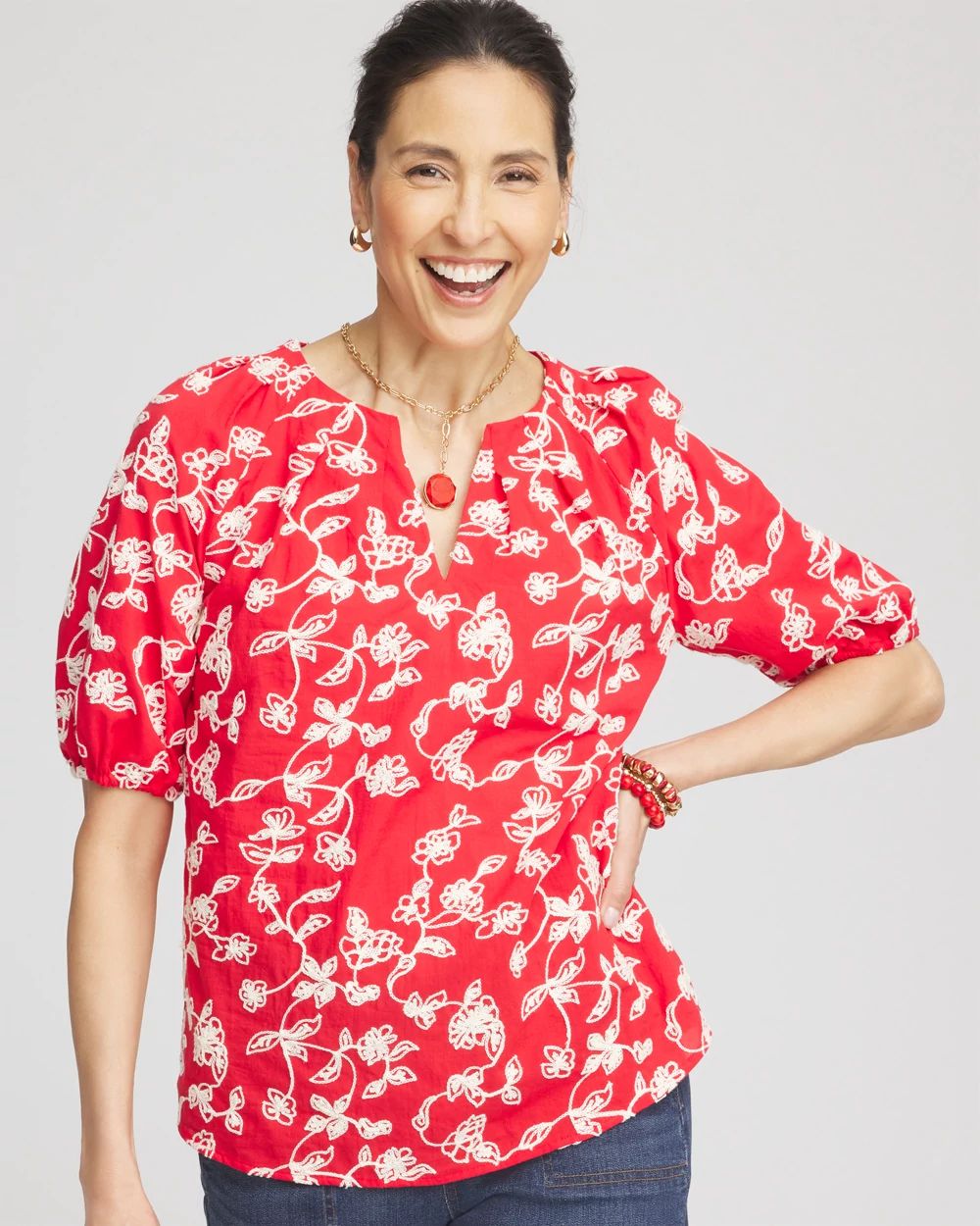 Floral Embroidered Cotton Peasant Blouse