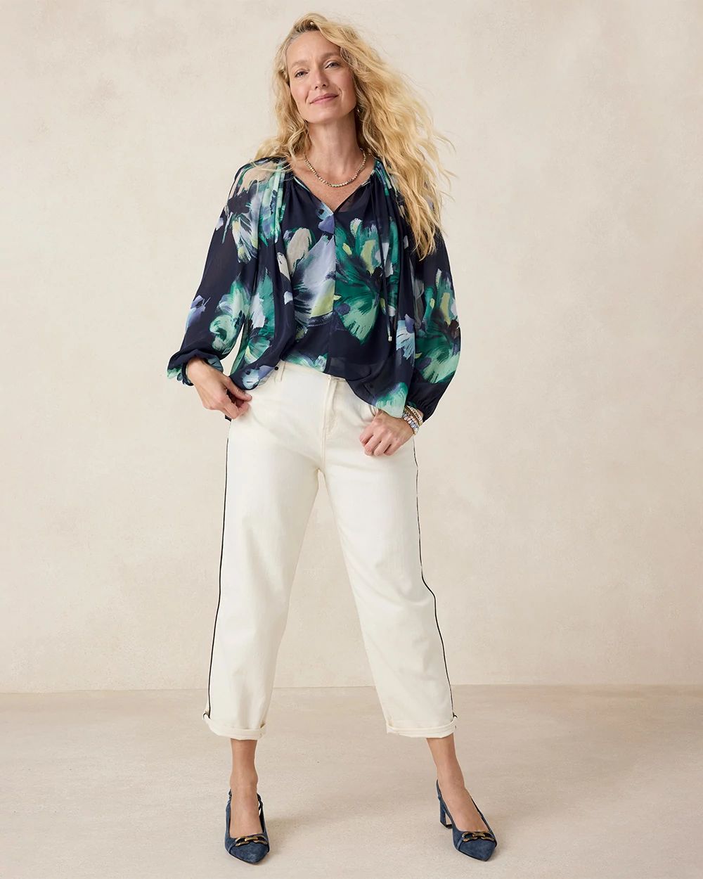 Crinkle Chiffon Tie-Front Blouse