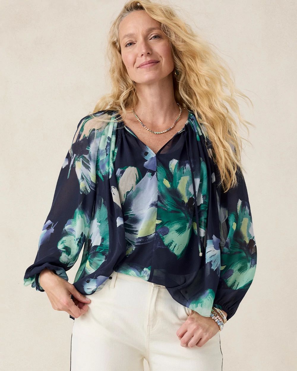 Crinkle Chiffon Tie-Front Blouse