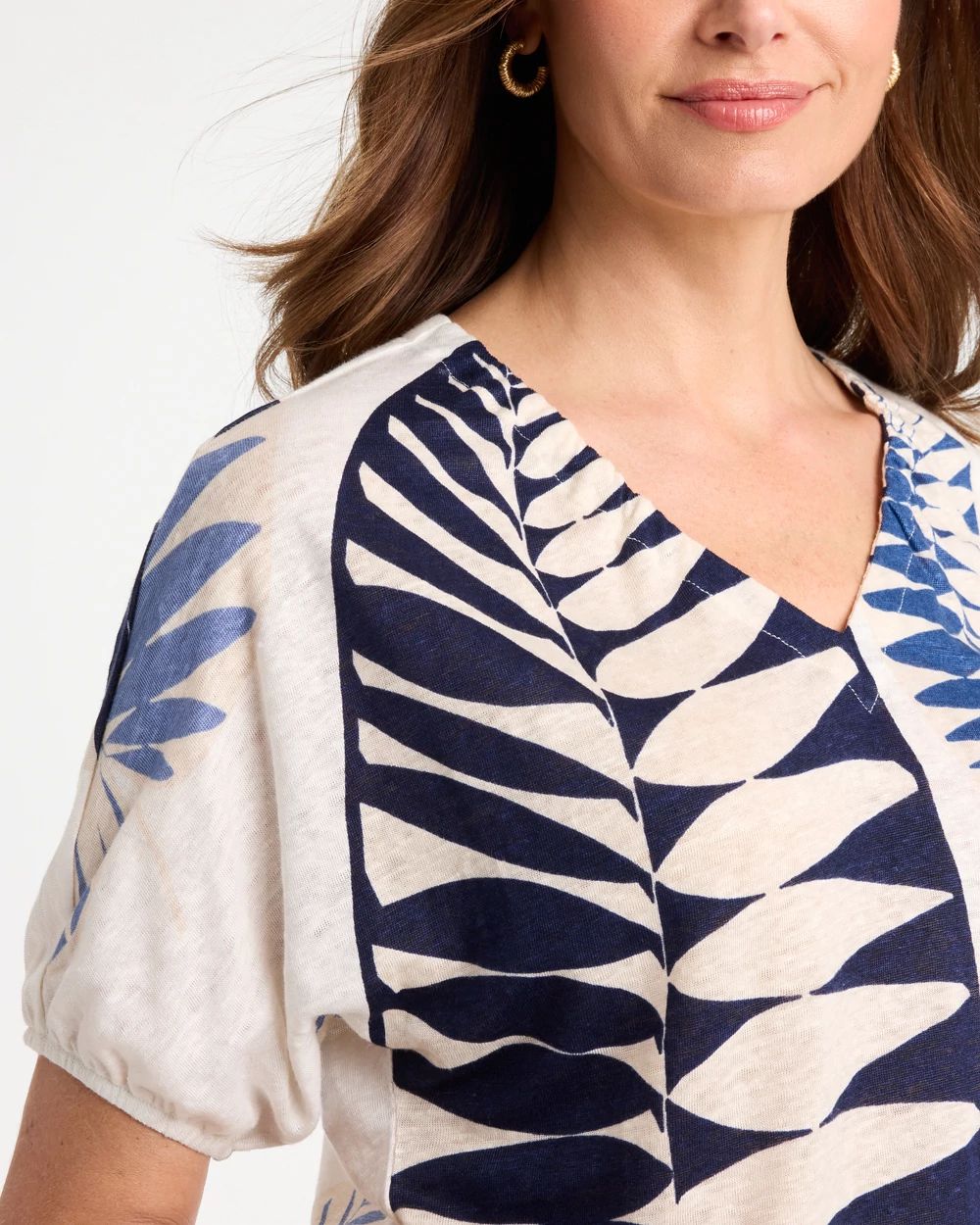 Leaf Print Linen Ruched V-Neck Tee click to view larger image.