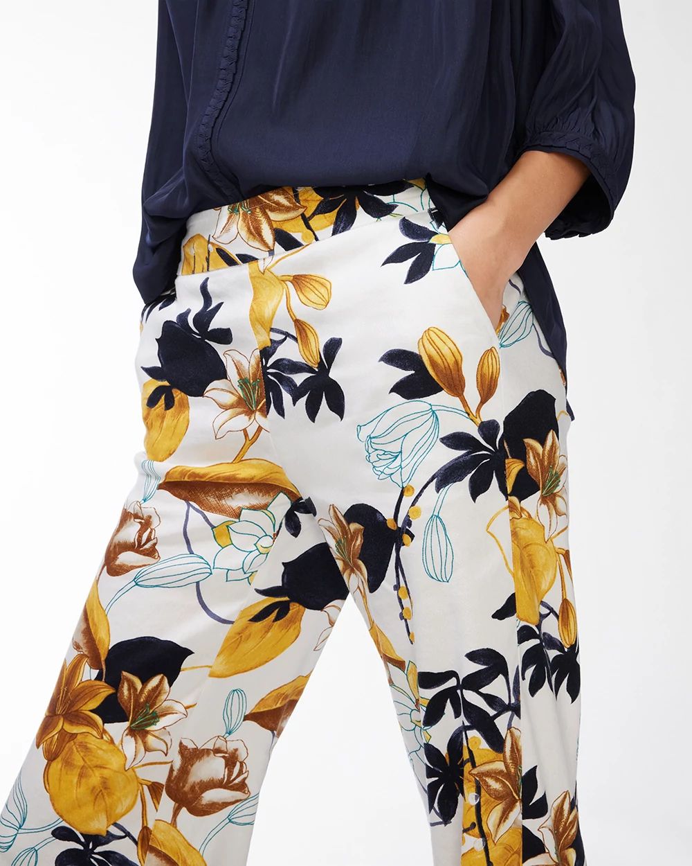 Linen-Blend Stretch Floral Pants