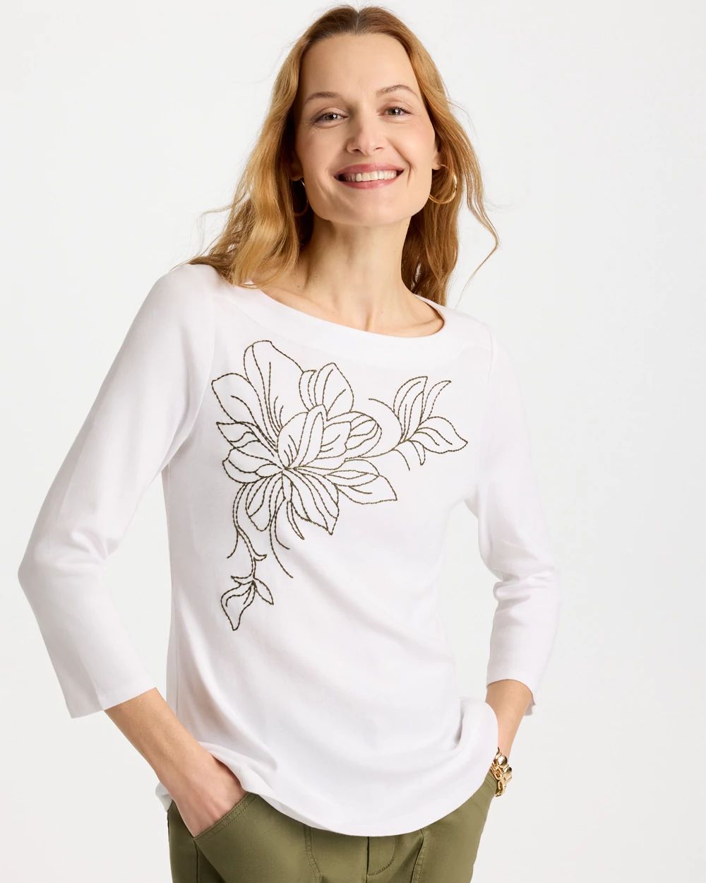 Embroidered Pima 3/4 Sleeve Tee